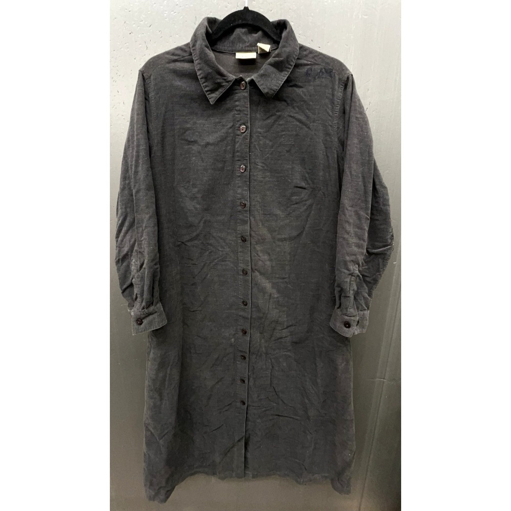 LL Bean Corduroy Dress 14P Gray Long Sleeve Pockets Cottage Peasant Grandma